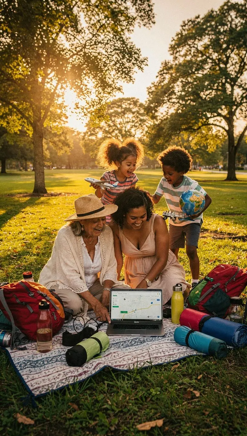 Rodzina spacerująca po malowniczym szlaku, podziwiająca widoki.