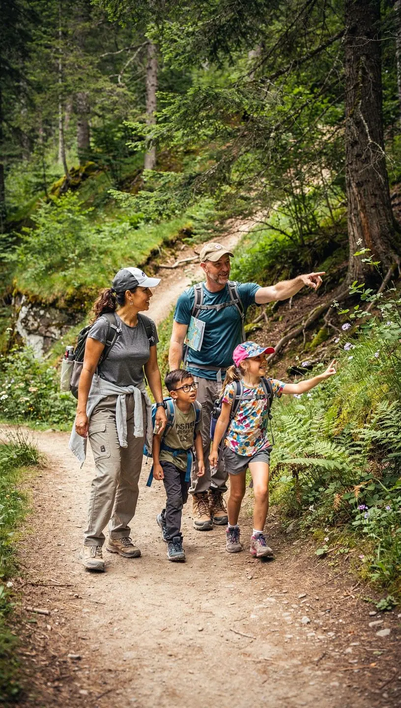 Rodzina spacerująca po malowniczym parku narodowym w USA.